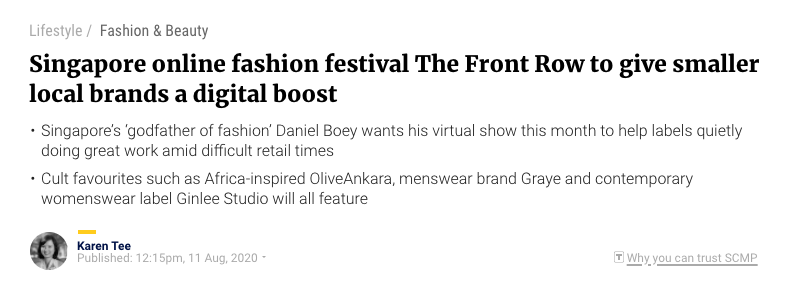 South China Morning Post | Singapore online fashion festival The Front Row to give smaller local brands a digital boost